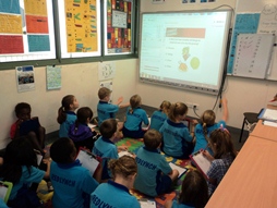 Photo of Students in class learning through interactive whiteboards.